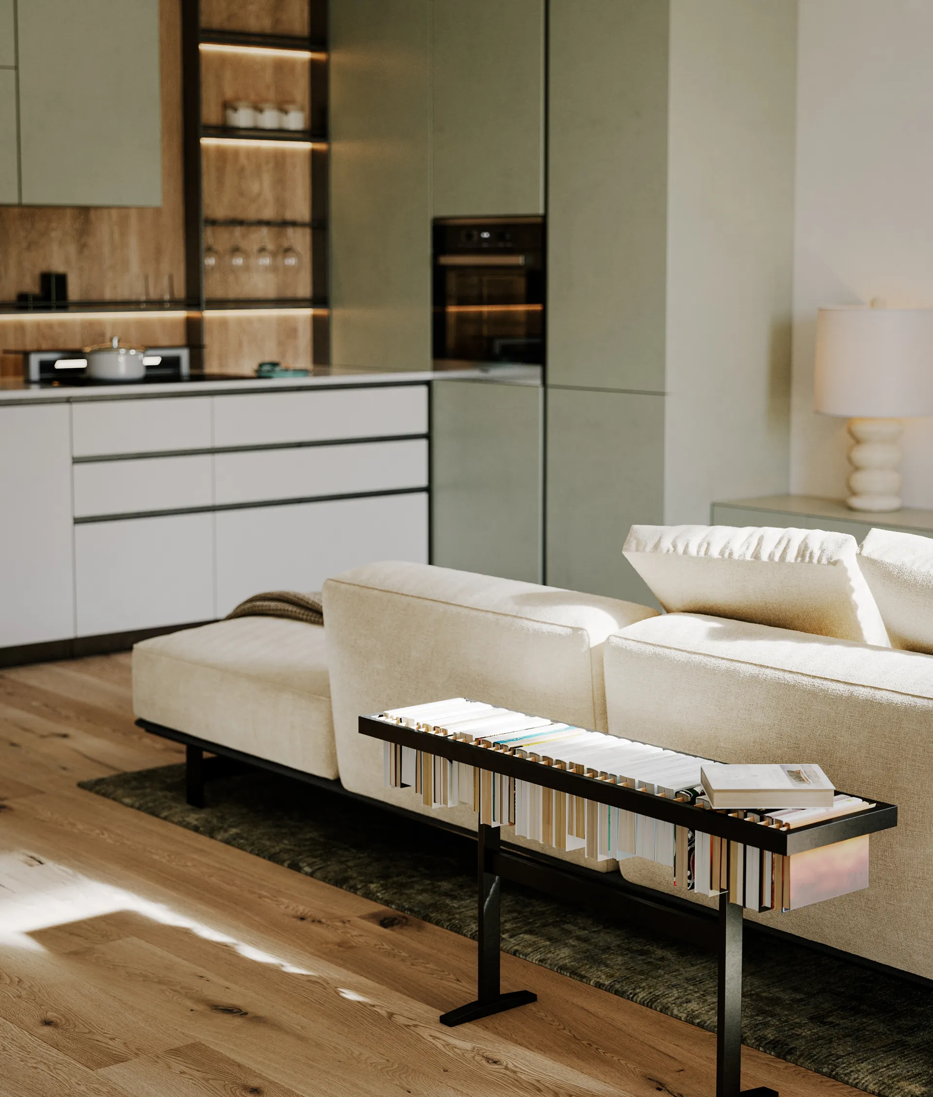 Soggiorno moderno e luminoso di un appartamento arredato in vendita a Porto Letizia, Lago di Lugano.