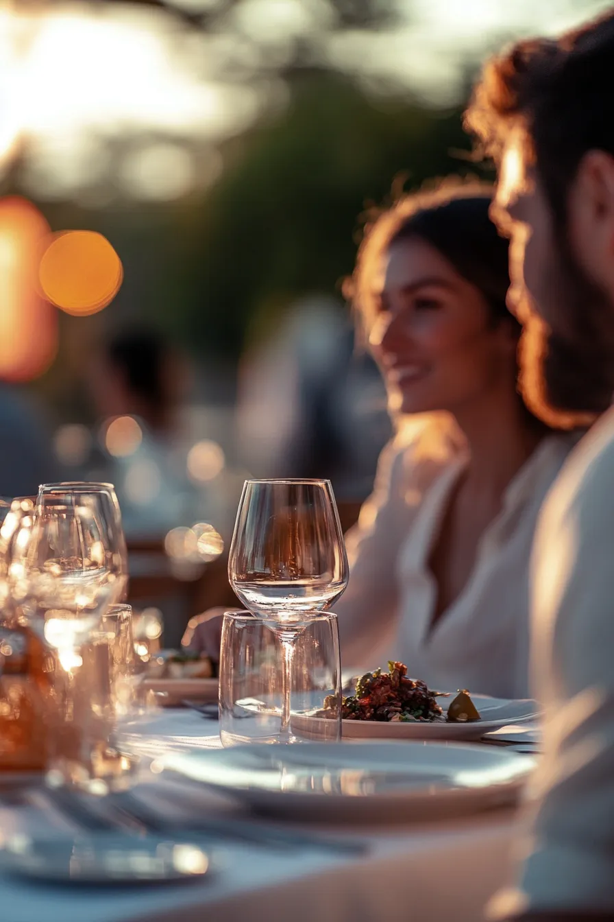 Coppia seduta a una tavola apparecchiata all'aperto al tramonto con bicchieri di vino e piatto di cibo.